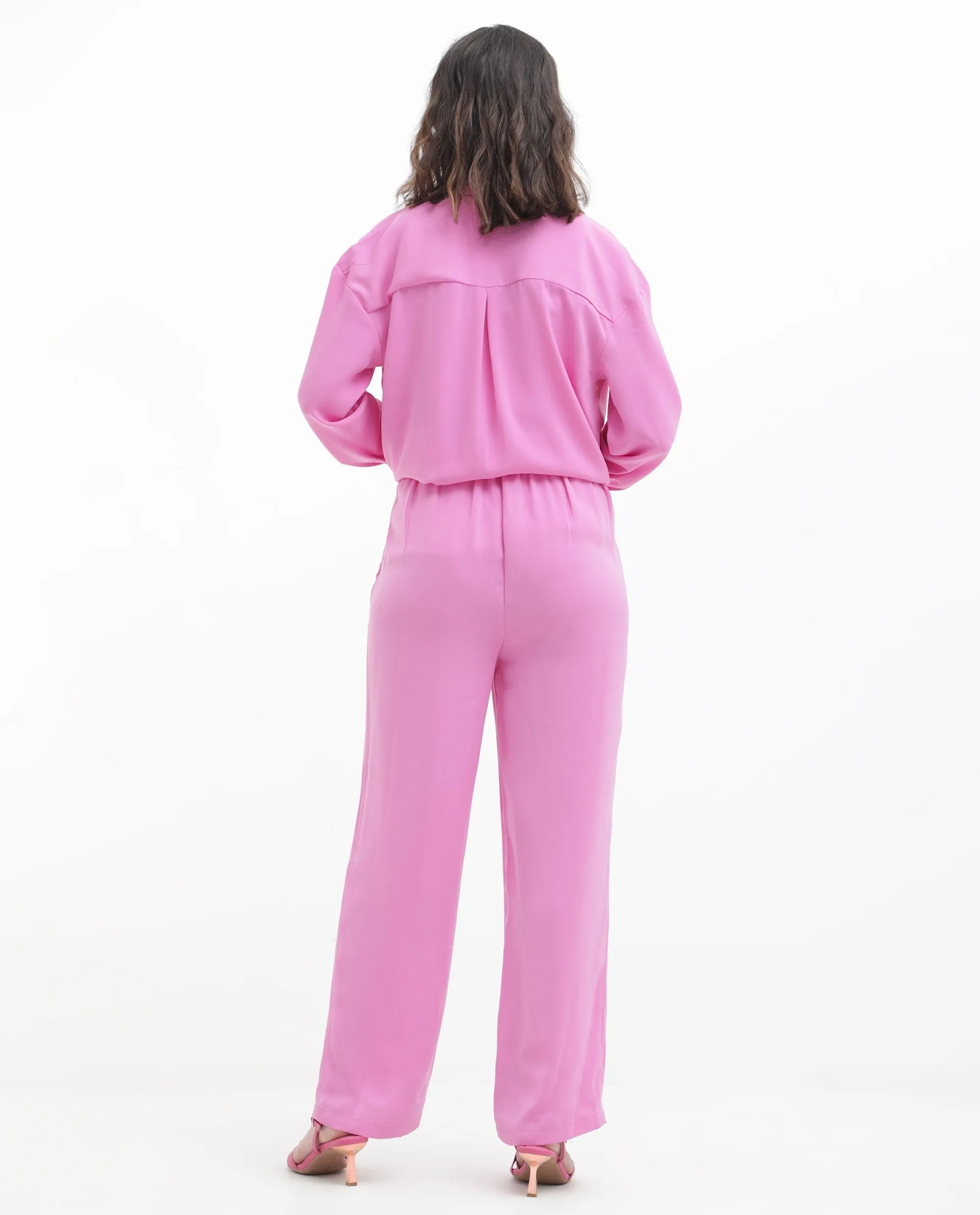 Rareism Women Serbay Pink Polyester Fabric Straight Fit Plain Ankle Length Trousers