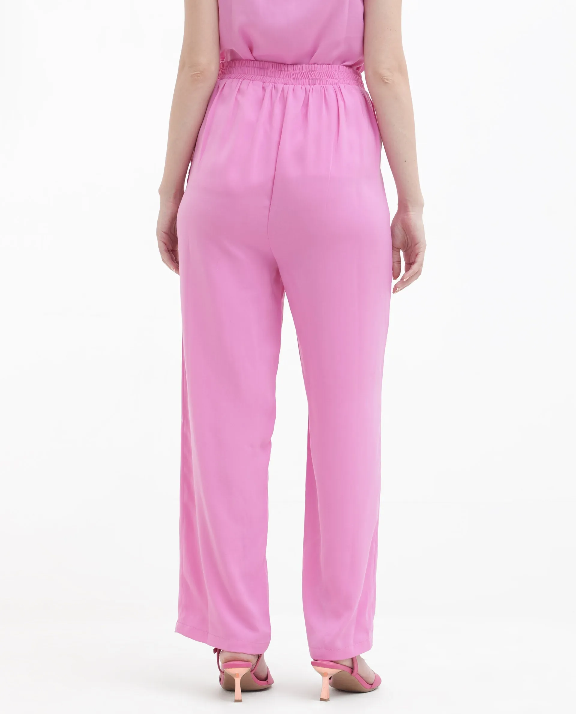 Rareism Women Serbay Pink Polyester Fabric Straight Fit Plain Ankle Length Trousers