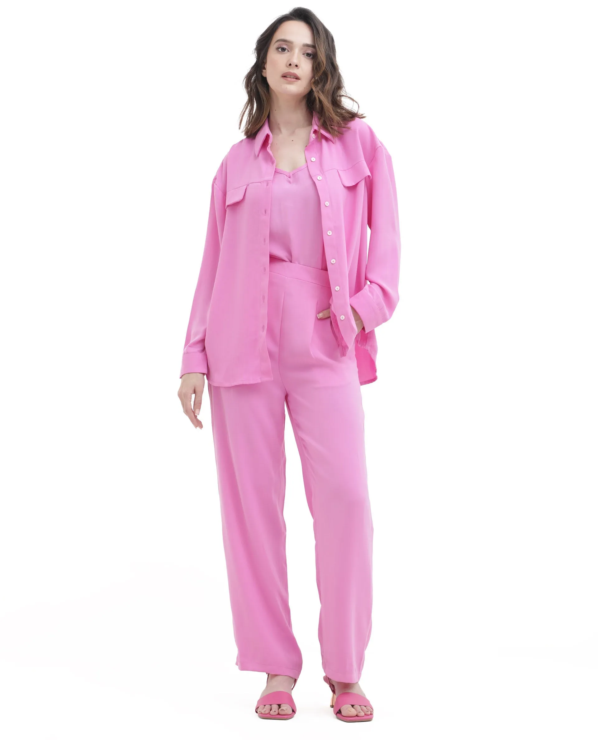 Rareism Women Serbay Pink Polyester Fabric Straight Fit Plain Ankle Length Trousers