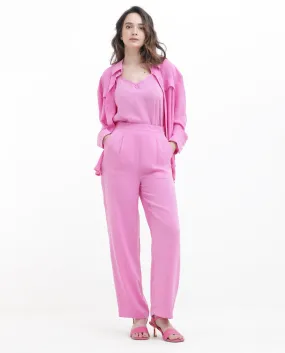 Rareism Women Serbay Pink Polyester Fabric Straight Fit Plain Ankle Length Trousers