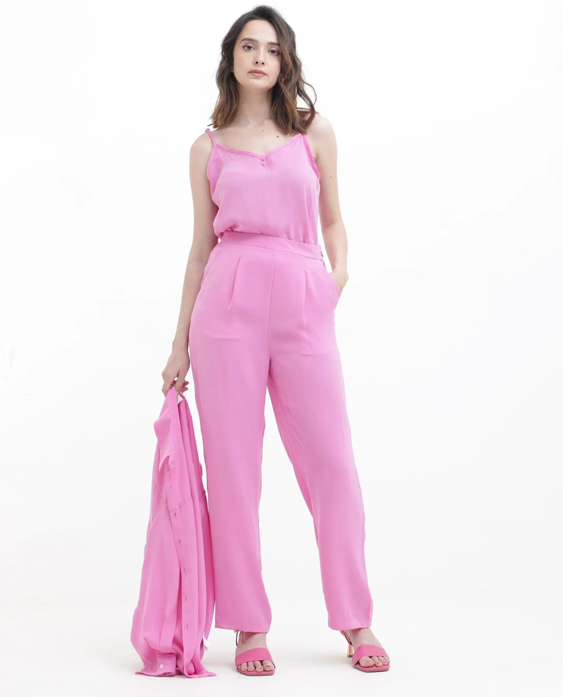 Rareism Women Serbay Pink Polyester Fabric Straight Fit Plain Ankle Length Trousers