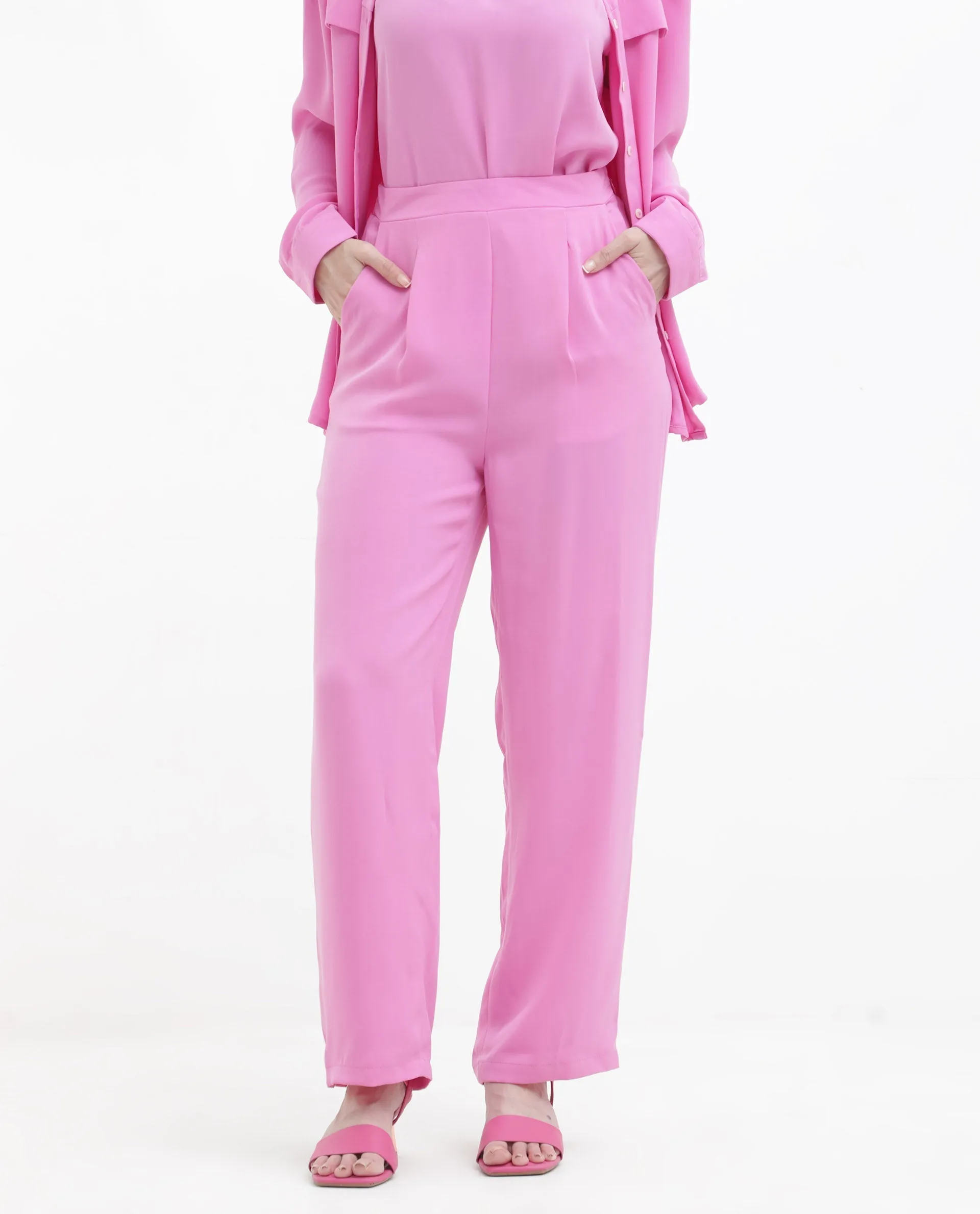 Rareism Women Serbay Pink Polyester Fabric Straight Fit Plain Ankle Length Trousers