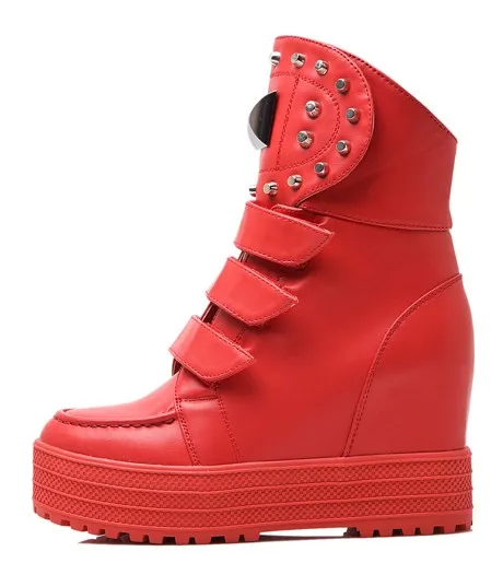 Red Metal Studs Hidden Wedge High Top Sneakers