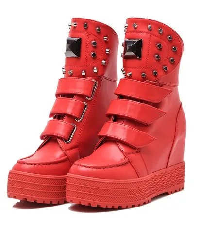 Red Metal Studs Hidden Wedge High Top Sneakers