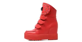 Red Metal Studs Hidden Wedge High Top Sneakers