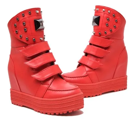 Red Metal Studs Hidden Wedge High Top Sneakers