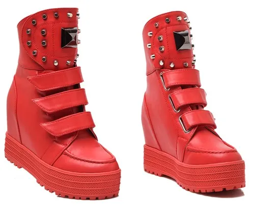 Red Metal Studs Hidden Wedge High Top Sneakers