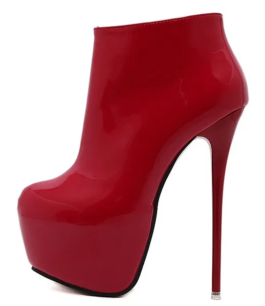 Red Glossy Patent Stiletto High Heel Platform Ankle Boots