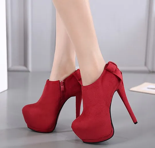 Red Suede Ankle Stiletto High Heel Platform Boots