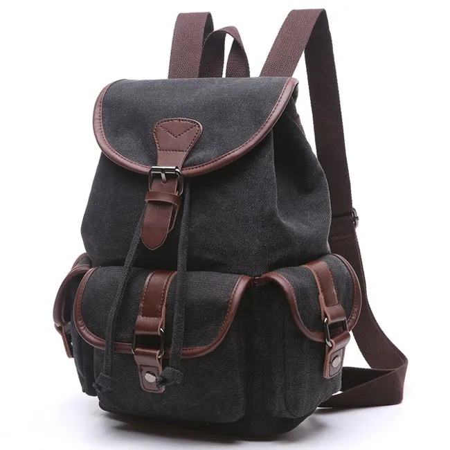 Retro Canvas Travel Backpack with Drawstring Flap and Metal Lock