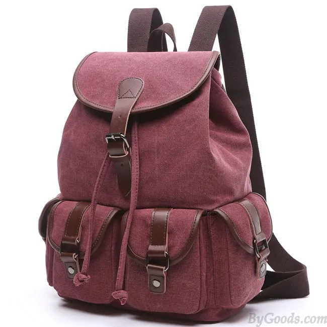 Retro Canvas Travel Backpack with Drawstring Flap and Metal Lock