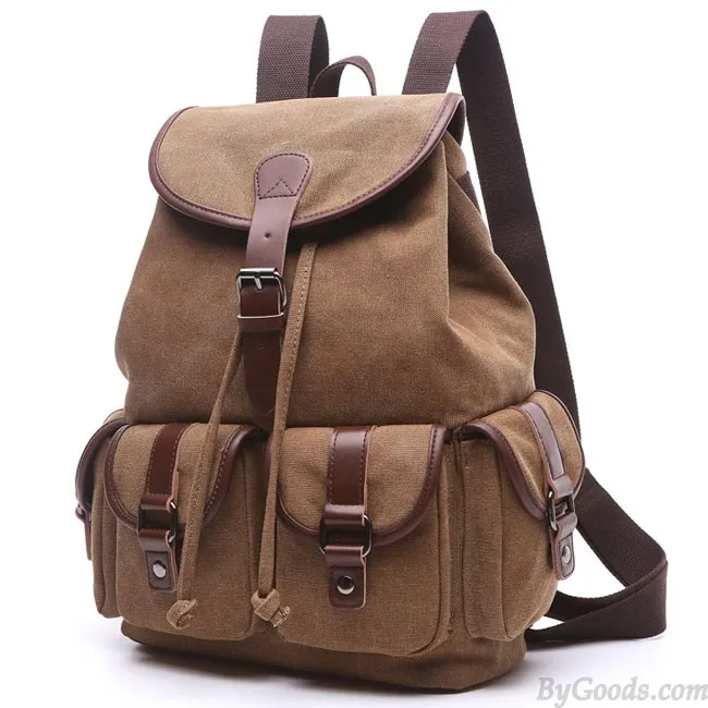 Retro Canvas Travel Backpack with Drawstring Flap and Metal Lock