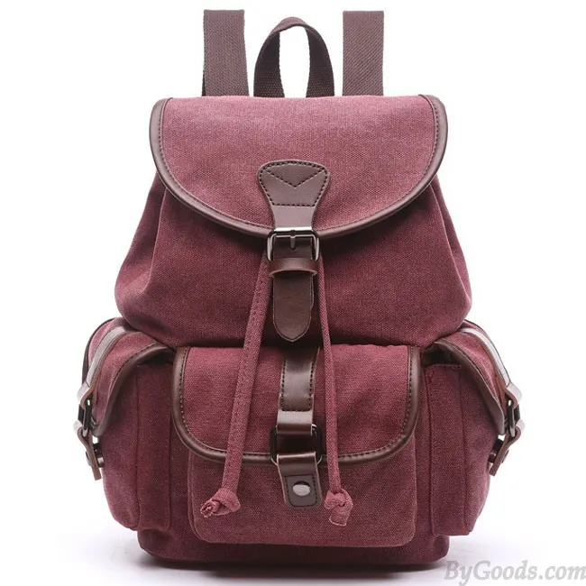 Retro Canvas Travel Backpack with Drawstring Flap and Metal Lock