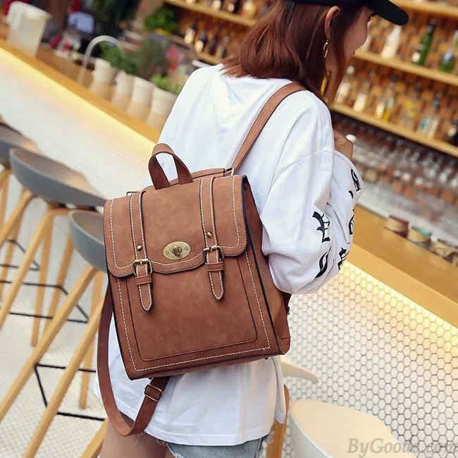 Retro Frosted PU Square Flap Backpack - Double Metal Locks School Shoulder Bag