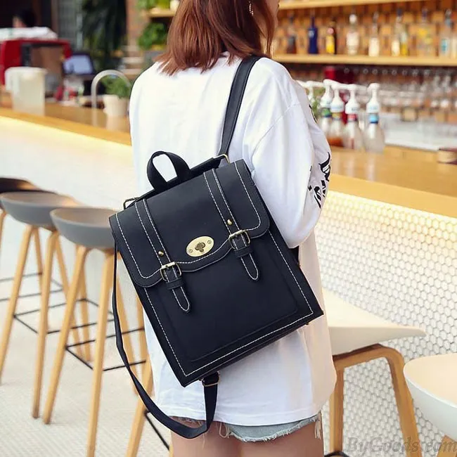 Retro Frosted PU Square Flap Backpack - Double Metal Locks School Shoulder Bag