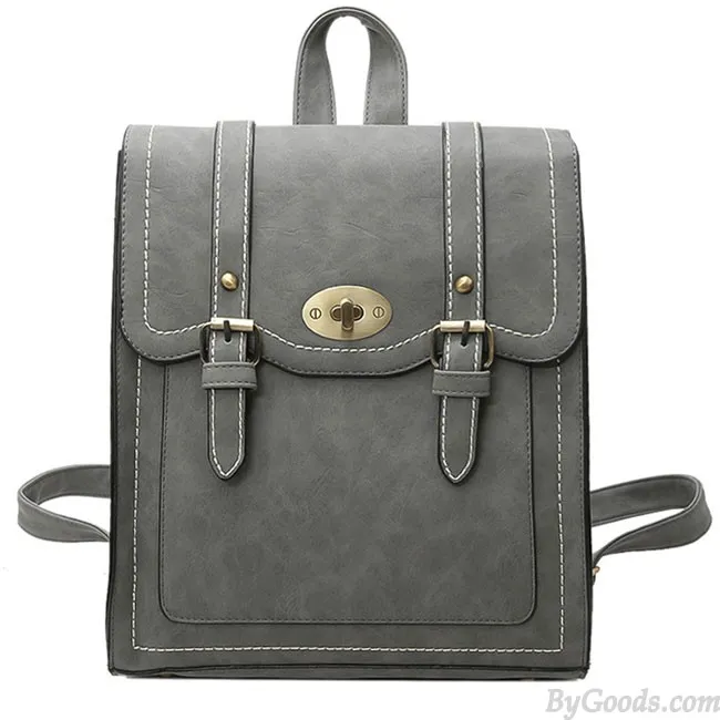 Retro Frosted PU Square Flap Backpack - Double Metal Locks School Shoulder Bag