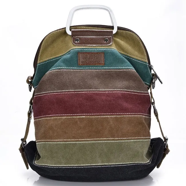 Retro Splicing Colorful Striped Canvas Backpack School Shoulder Bag Handbag Multifunctional Backpacks