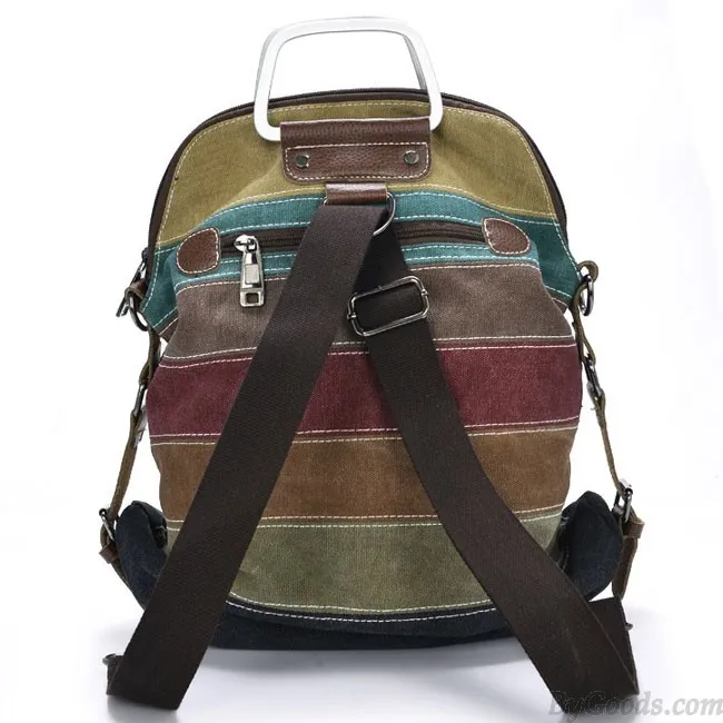 Retro Splicing Colorful Striped Canvas Backpack School Shoulder Bag Handbag Multifunctional Backpacks