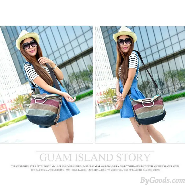 Retro Splicing Colorful Striped Canvas Backpack School Shoulder Bag Handbag Multifunctional Backpacks