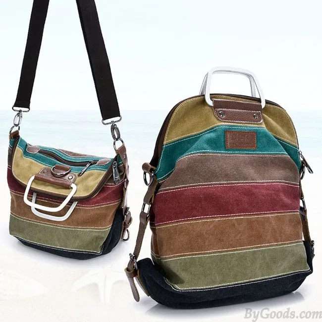 Retro Splicing Colorful Striped Canvas Backpack School Shoulder Bag Handbag Multifunctional Backpacks