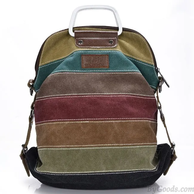 Retro Splicing Colorful Striped Canvas Backpack School Shoulder Bag Handbag Multifunctional Backpacks