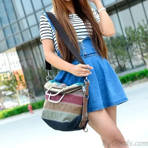 Retro Splicing Colorful Striped Canvas Backpack School Shoulder Bag Handbag Multifunctional Backpacks