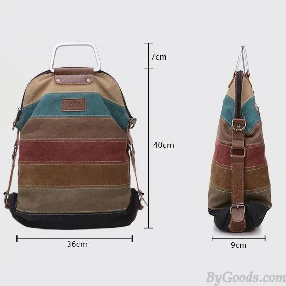 Retro Splicing Colorful Striped Canvas Backpack School Shoulder Bag Handbag Multifunctional Backpacks