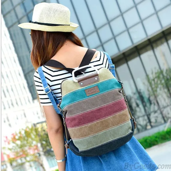 Retro Splicing Colorful Striped Canvas Backpack School Shoulder Bag Handbag Multifunctional Backpacks