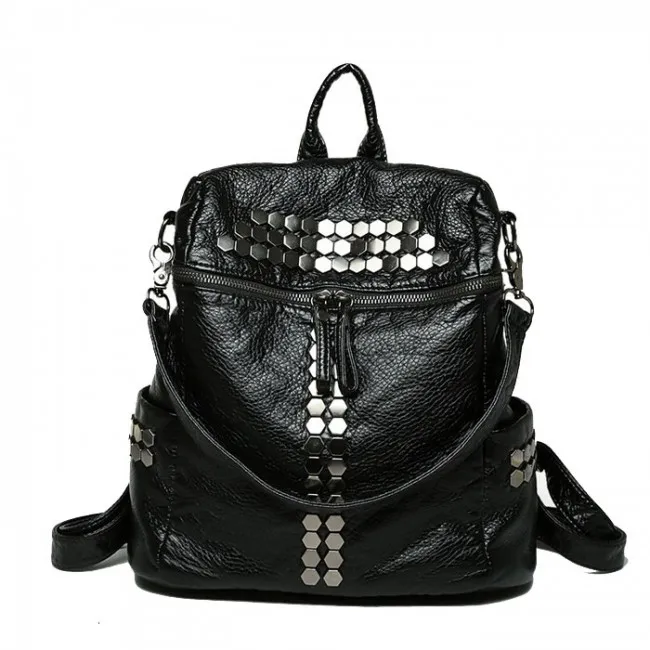 Rivet Black Soft Leather Shoulder Bag School Backpacks