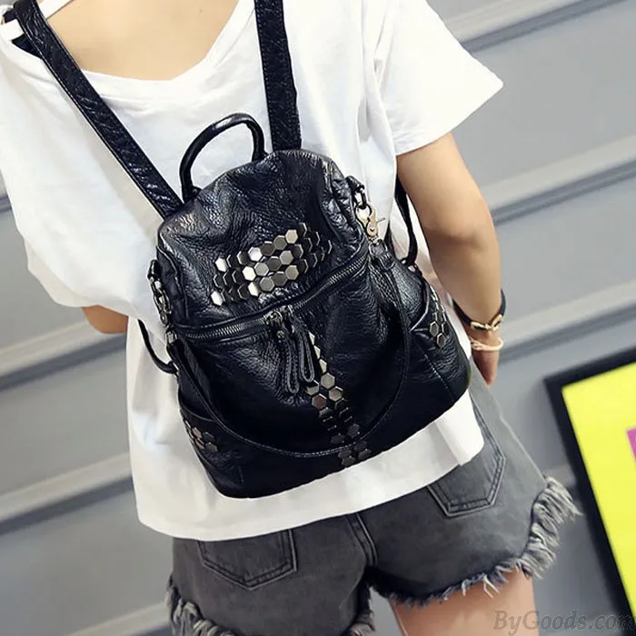 Rivet Black Soft Leather Shoulder Bag School Backpacks