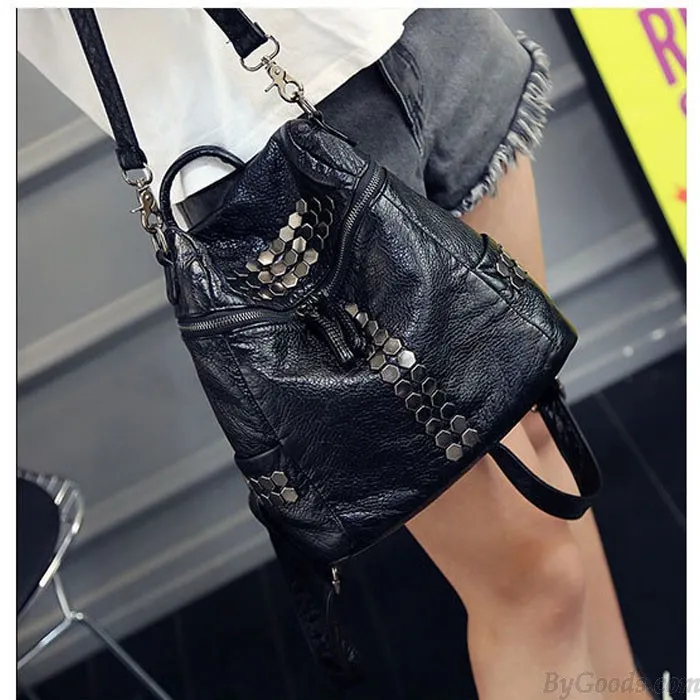 Rivet Black Soft Leather Shoulder Bag School Backpacks