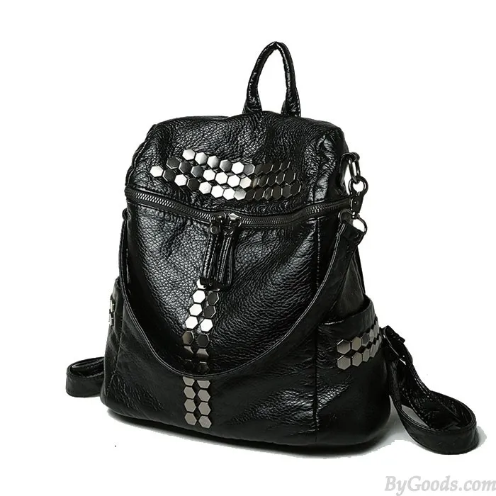 Rivet Black Soft Leather Shoulder Bag School Backpacks