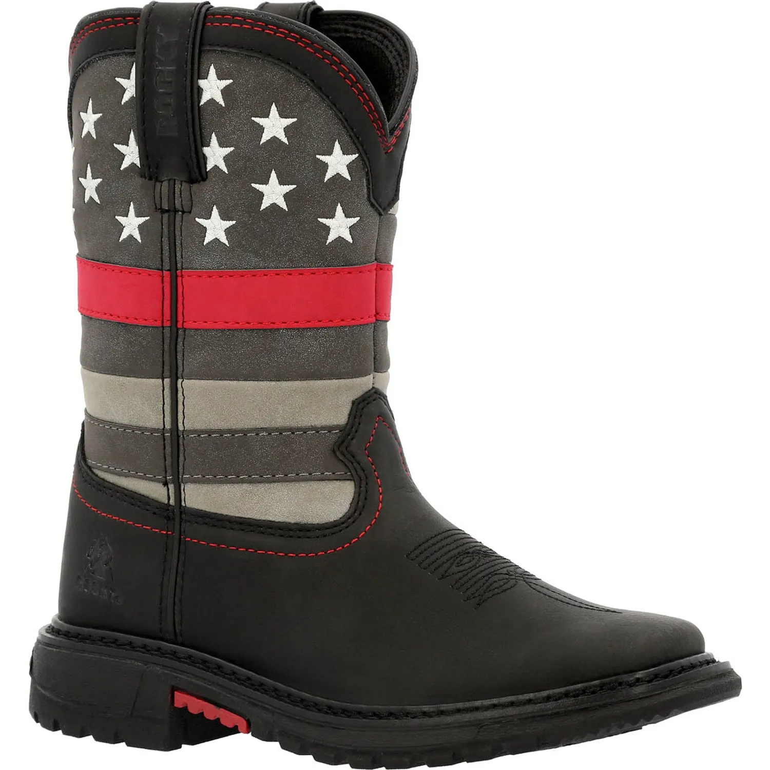 Rocky Kids Boys Black Leather Red Line Western Cowboy Boots can be rewritten as Rocky Boys Black Leather Cowboy Boots with Red L