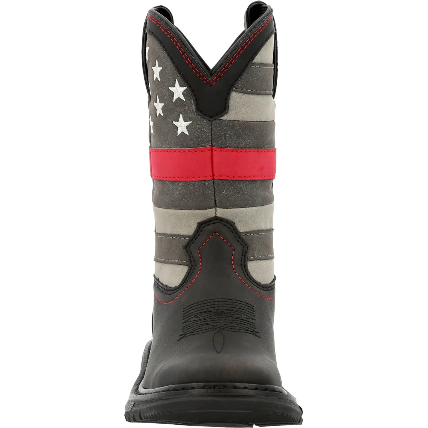 Rocky Kids Boys Black Leather Red Line Western Cowboy Boots can be rewritten as Rocky Boys Black Leather Cowboy Boots with Red L