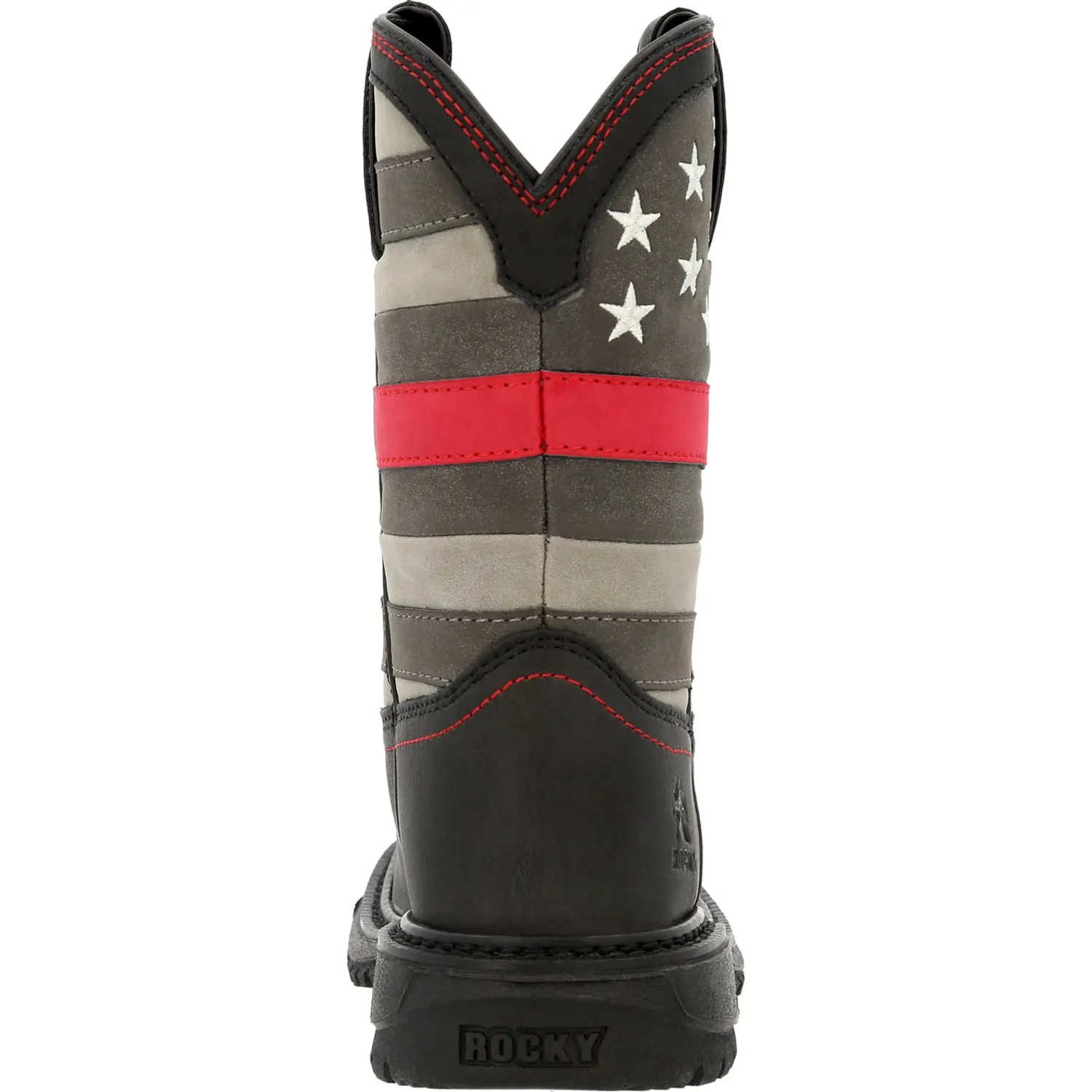 Rocky Kids Boys Black Leather Red Line Western Cowboy Boots can be rewritten as Rocky Boys Black Leather Cowboy Boots with Red L