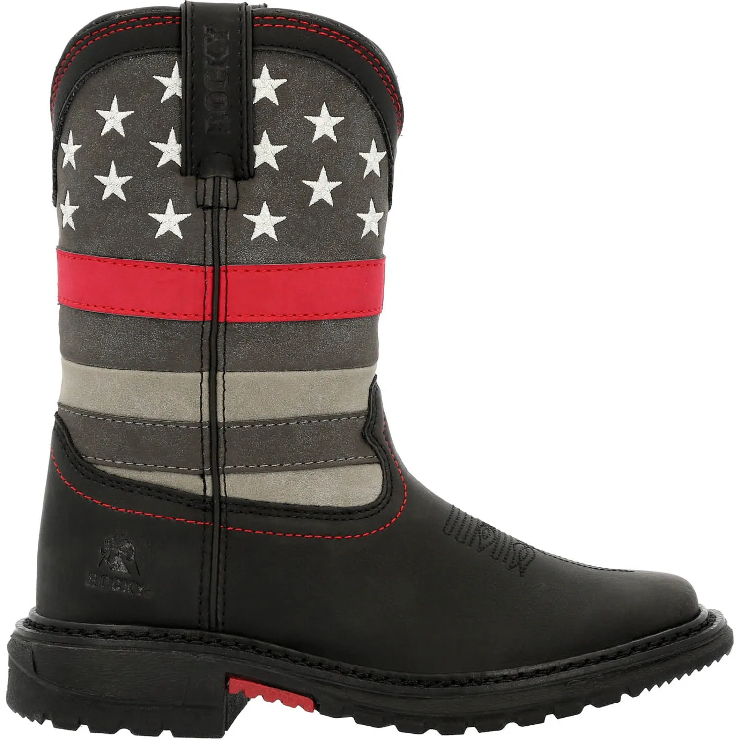 Rocky Kids Boys Black Leather Red Line Western Cowboy Boots can be rewritten as Rocky Boys Black Leather Cowboy Boots with Red L