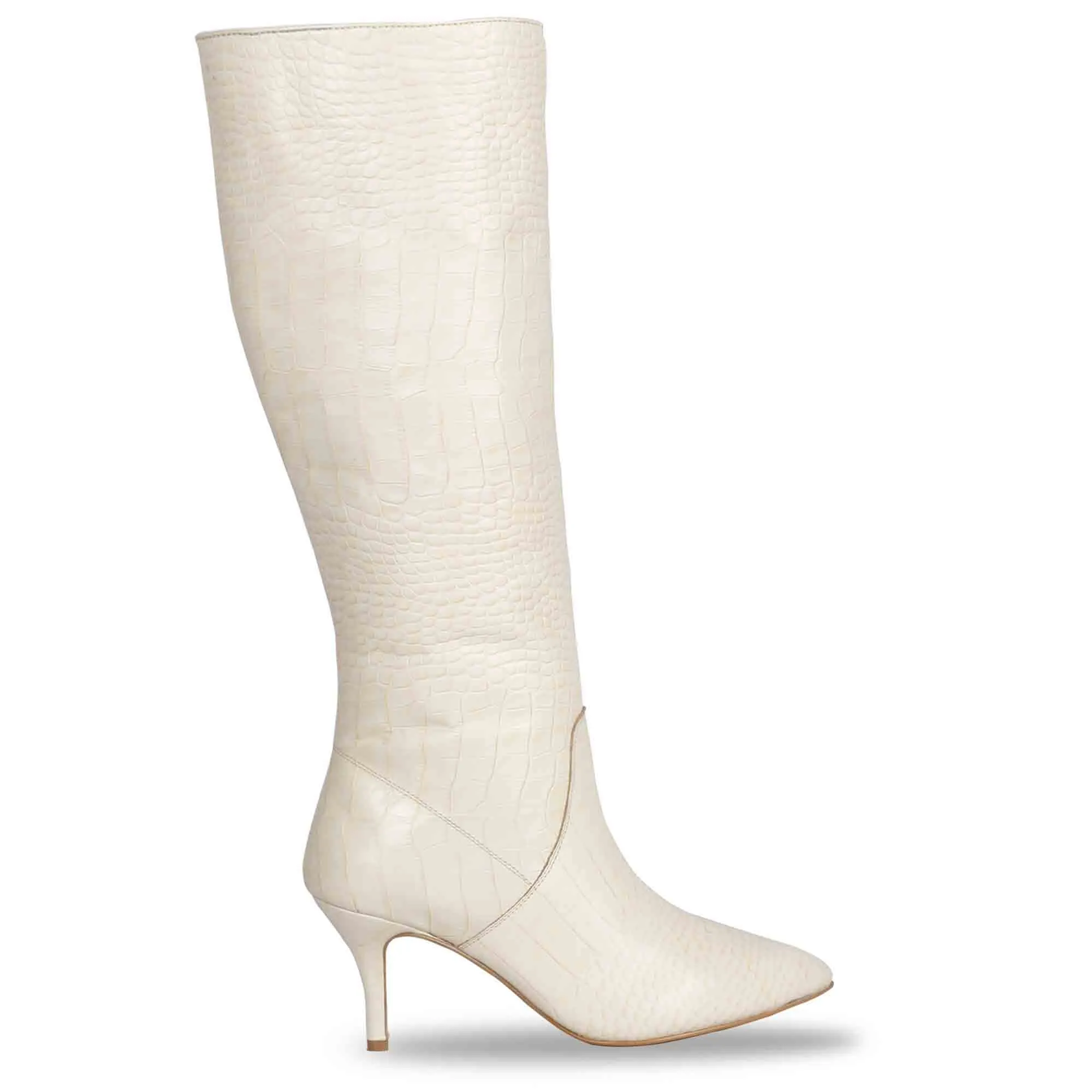 Saint Adella Croc Embossed Off White Leather Long Boots