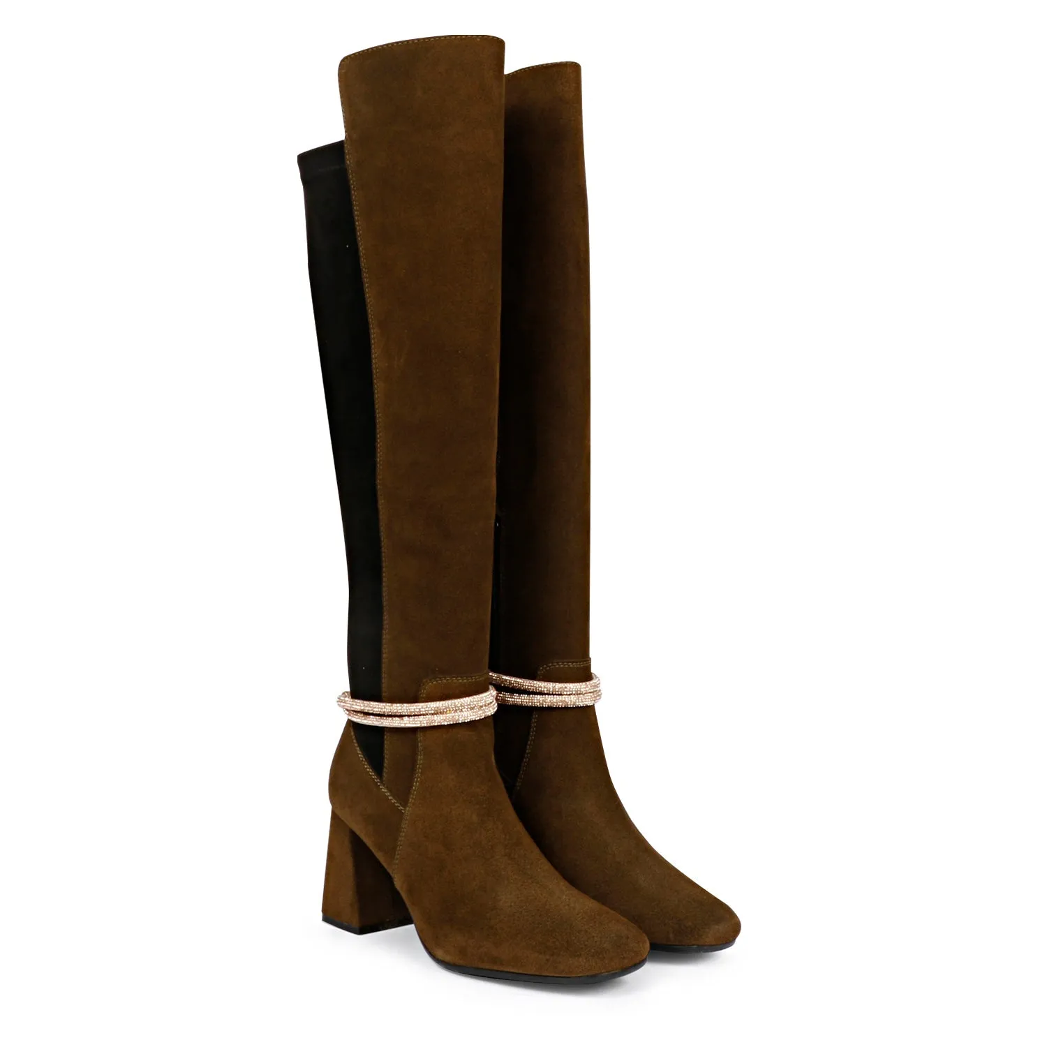 Saint Lumina Golden Cord String Olive Leather Knee High Boots