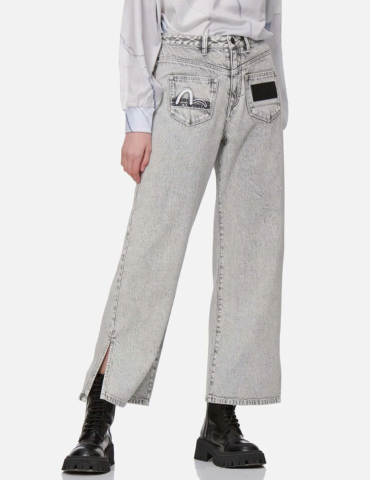 Seagull Embroidered Knit Denim Jeans