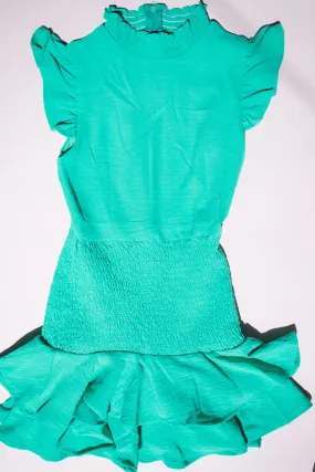 Selena High Neck Smocked Ruffle Dress | Green