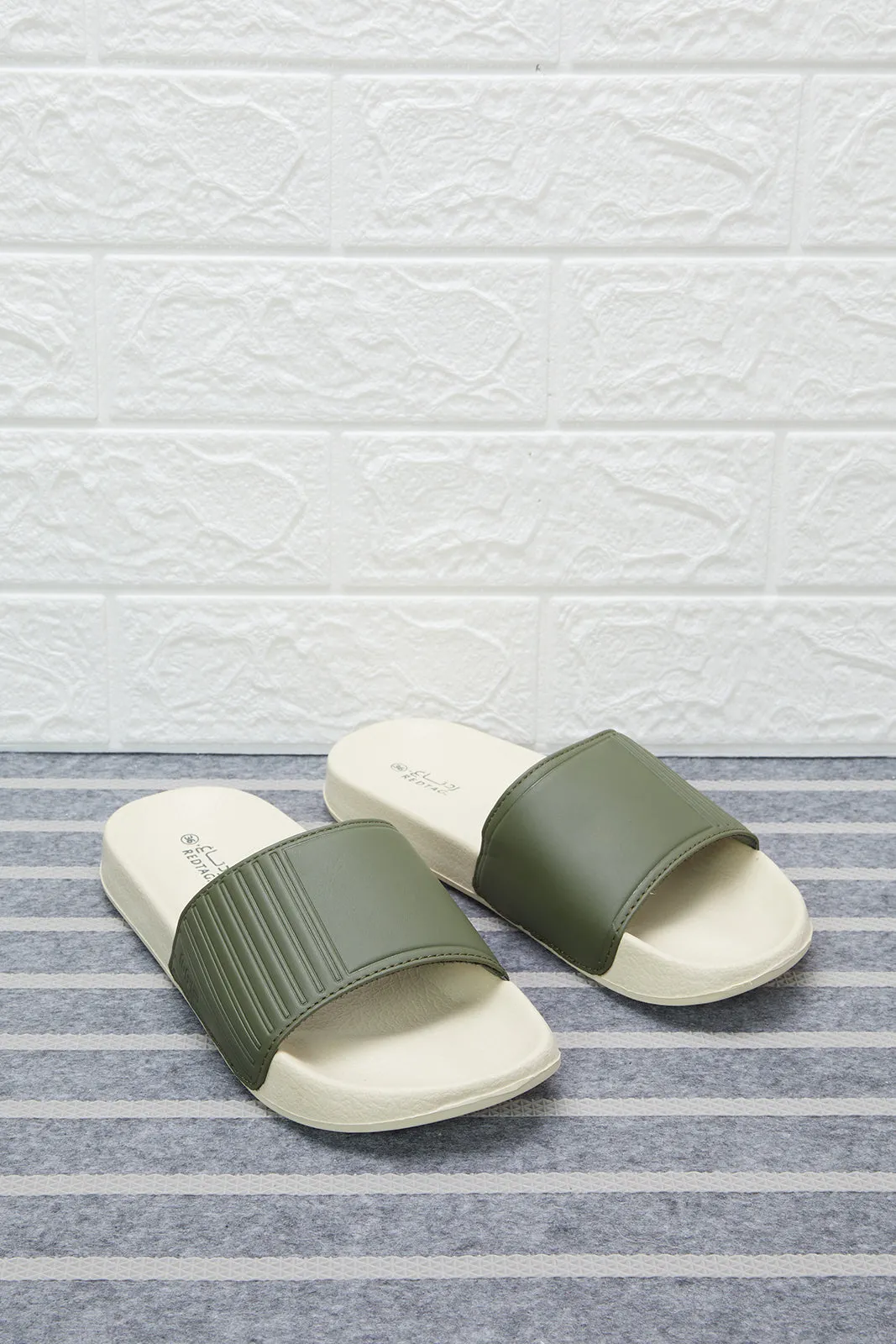 Senior Boys Beige And Olive Embossed Slide