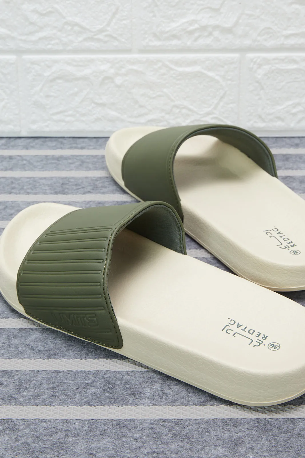 Senior Boys Beige And Olive Embossed Slide