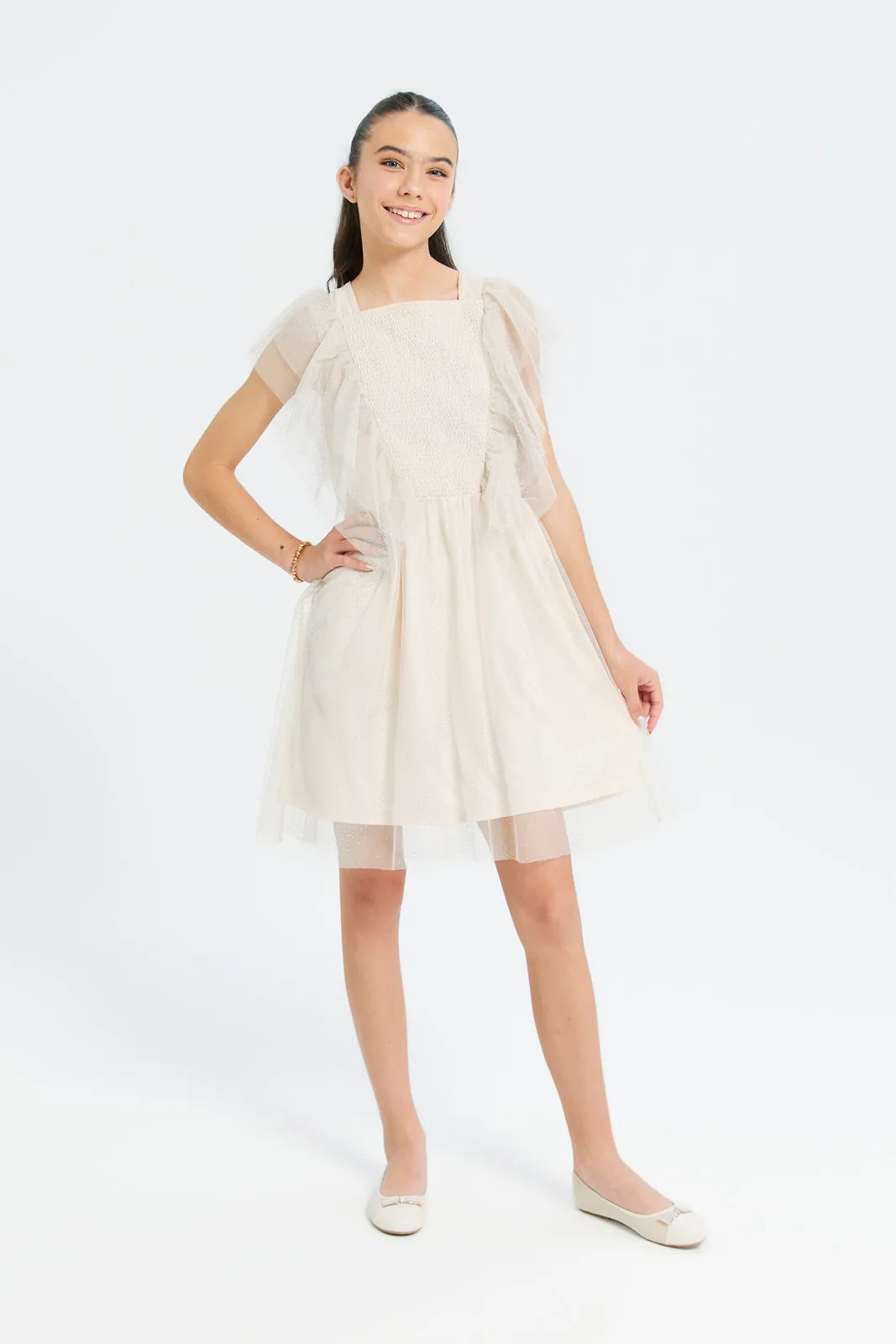 Senior Girls Beige Ruffled Front Mesh Dress With Lurex