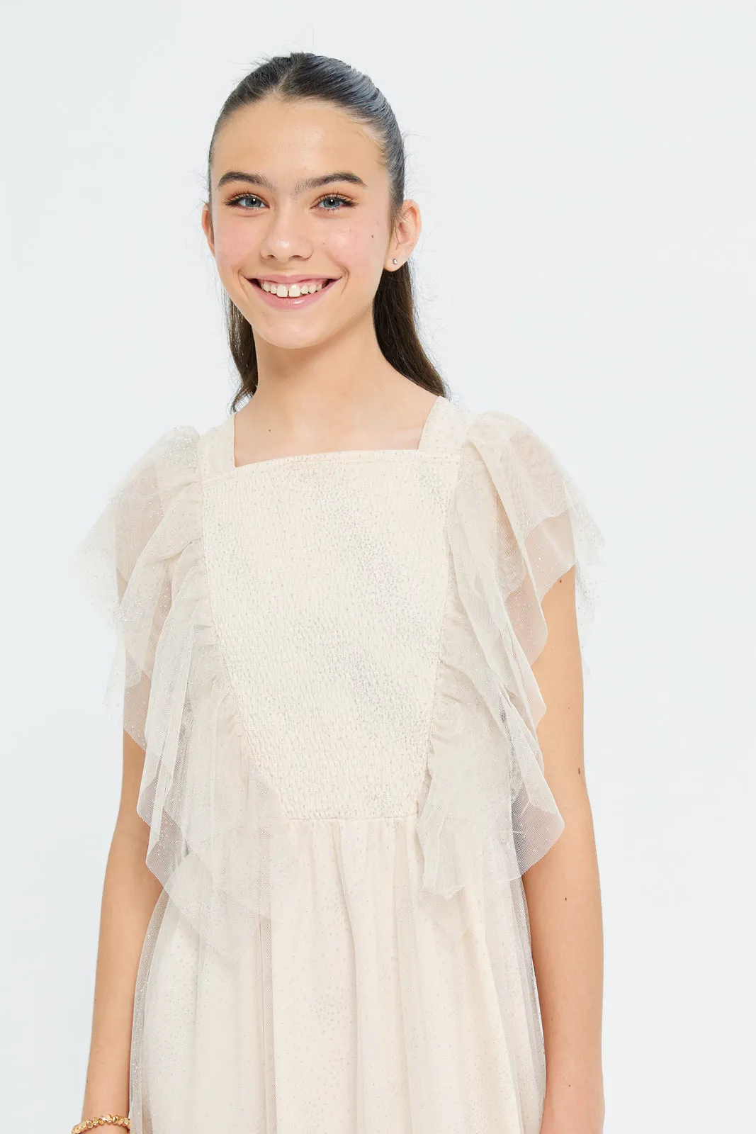 Senior Girls Beige Ruffled Front Mesh Dress With Lurex