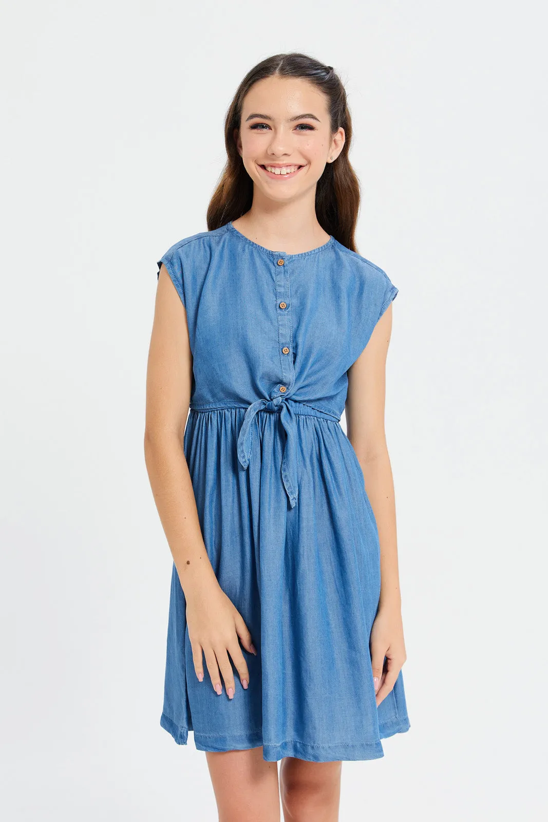 Senior Girls Blue Front Tie Denim Dress