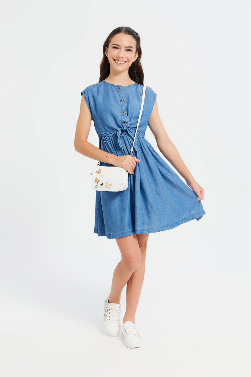 Senior Girls Blue Front Tie Denim Dress