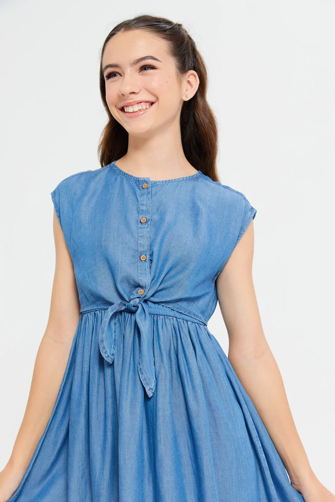 Senior Girls Blue Front Tie Denim Dress