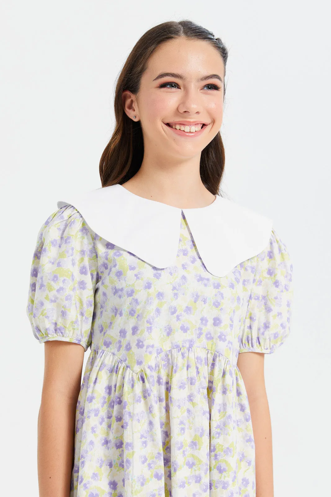 Senior Girls Purple And White Floral Printed Dress