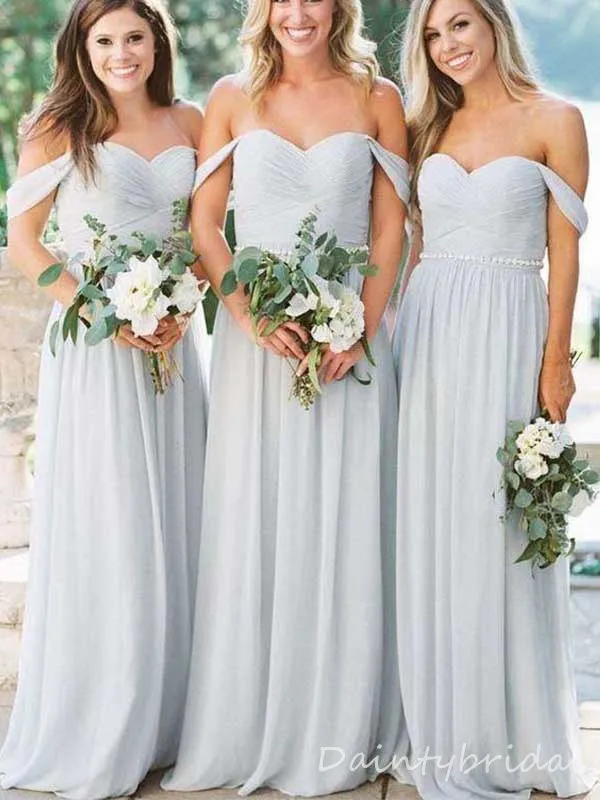 Off Shoulder Chiffon Sleeveless A-line Light Blue Long Bridesmaid Dress