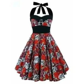 Skull Floral Print Sleeveless Retro Vintage Women's Summer Dress